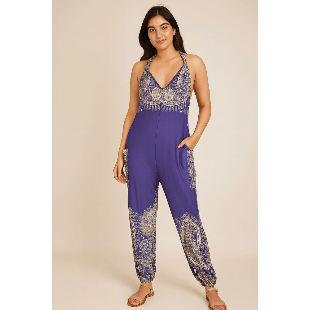 Women's Purple Geometric Print Racerback Pockets Cuffed Ankle Jumpsuit M